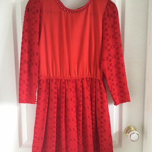 Vintage 70S-80s Secretary Dress Red Fit Flare Pleated Retro Small - Picture 2 of 5